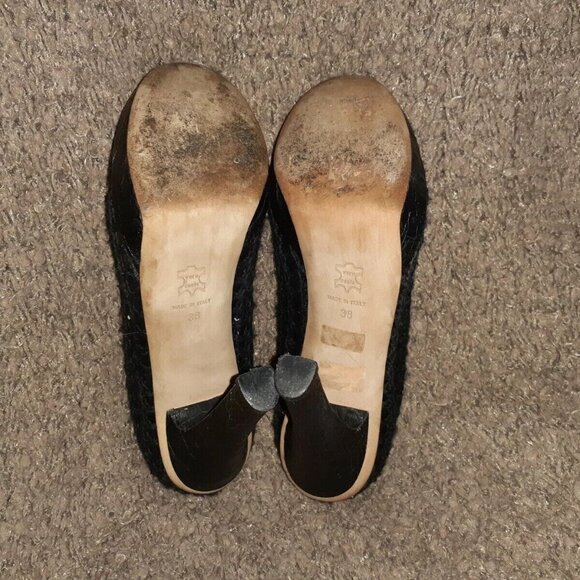 GALLIANO-Black Leather/Crochet Pumps-Croc Embossed Heels-Sz 38-Excellent - Picture 7 of 7